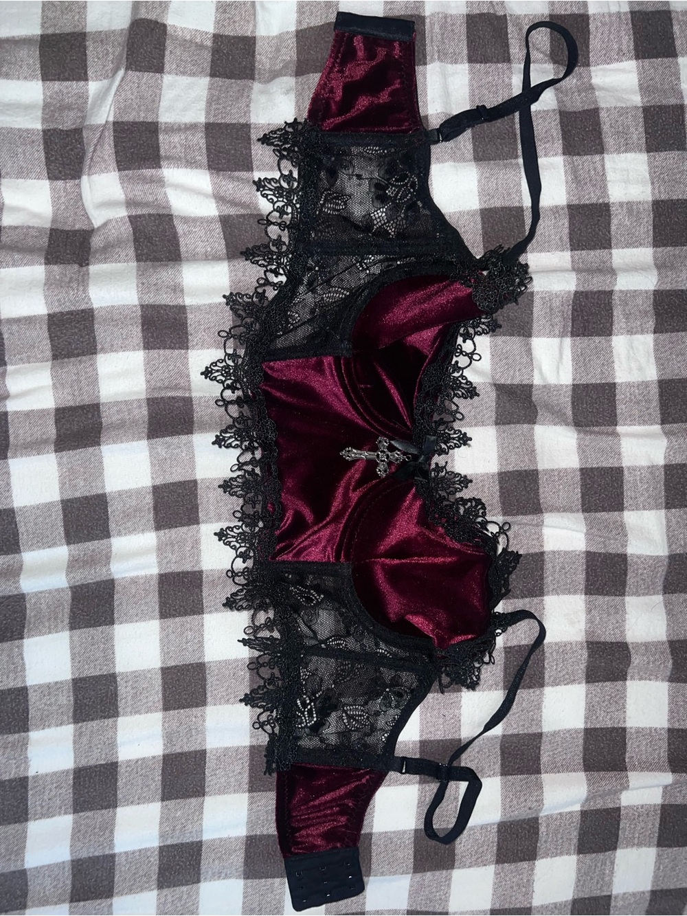 Dolls Kill Burgundy Satin Bra with Black Lace